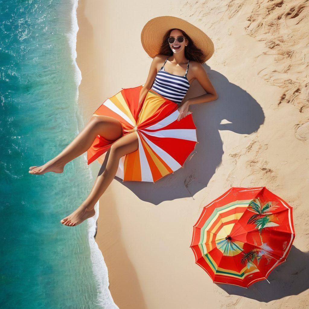 A stylish summer scene featuring diverse models showcasing high-waisted and luxurious swimwear collections at a bright beach. Include vibrant umbrellas, beach towels, and sun hats to enhance the beach vibe. The background should have a clear blue sky with a sun-drenched ocean. The models should exude confidence and joy while interacting with each other. super-realistic. vibrant colors. sunny atmosphere.